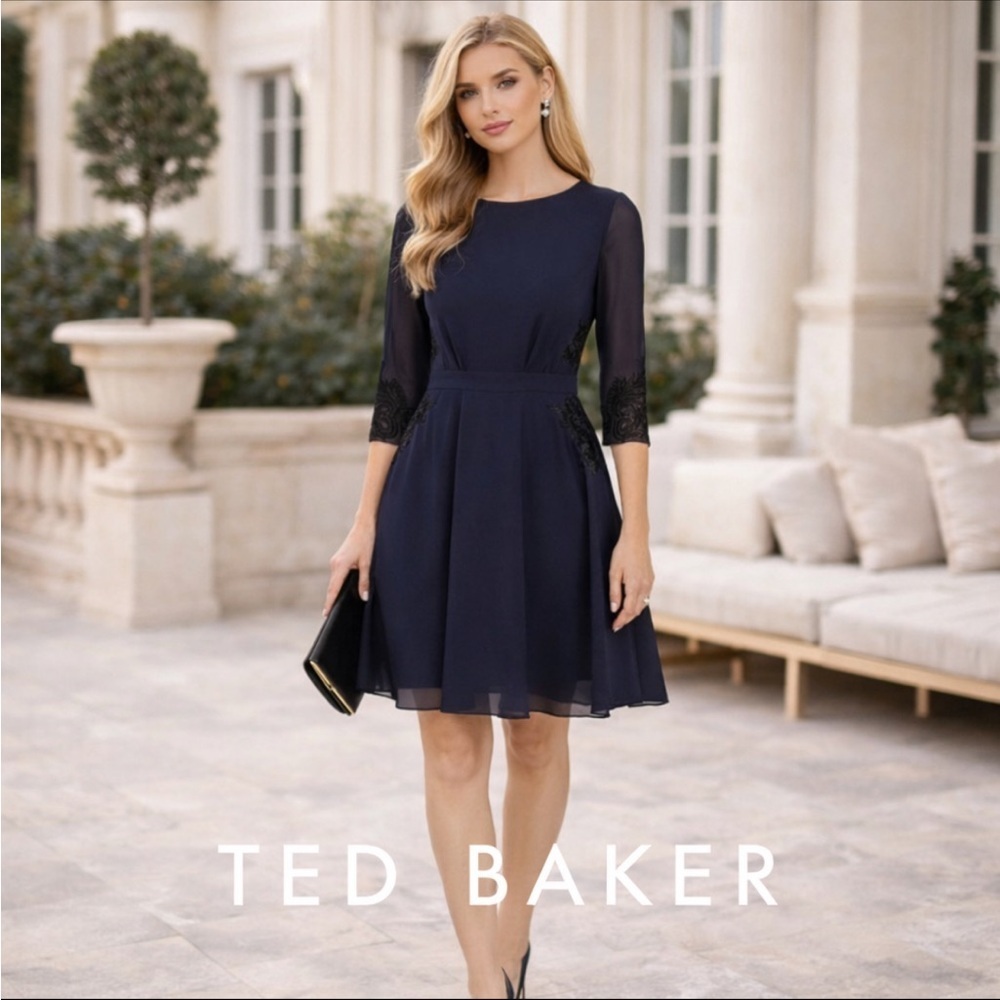 New! Ted Baker Gaenor Navy Fit & Flare Lace Sleeve Cocktail Dress 36008
